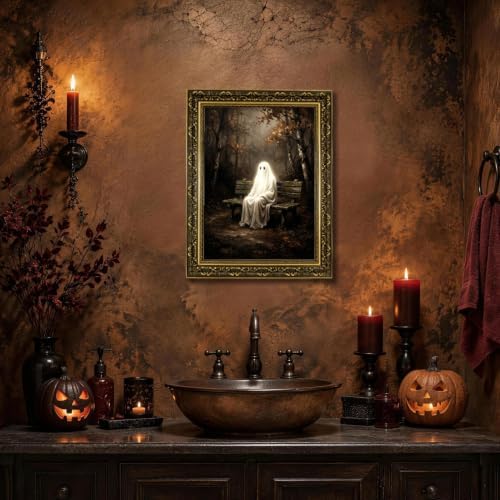 Gold Vintage Framed Ghost Wall Art, Spooky Forest Halloween Decor