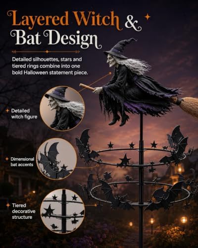 The Enchanted Witch Garden Wind Spinner, Halloween Outdoor Metal Yard Stake with Flying Witch and Bat Rings, Kinetic Yard Decor for Lawn, Patio, Front Porch and Seasonal Garden Display