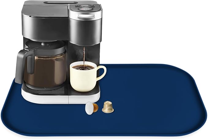 TOHONFOO Silicone Coffee Maker Mat with Lip, 24'' x 16'' Heavy Duty Coffee Maker Mat for Countertops, Coffee Tray Fit Under Coffee Machine Appliance Automatic Machines Espresso Accessory, Navy Blue