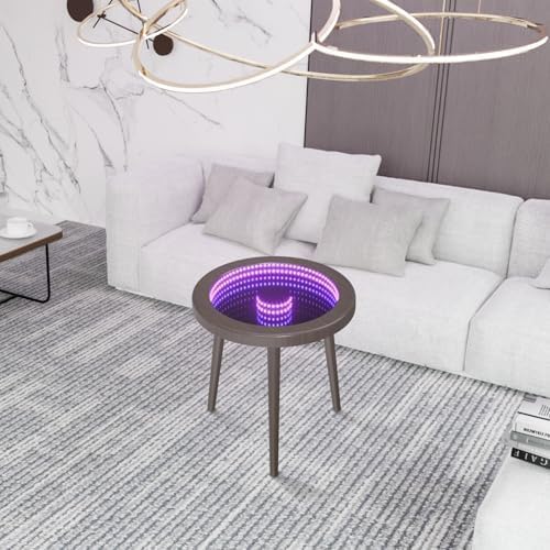 HANYEE Small Circle Coffee Table, Infinity Mirror Table, Small Round Side Table, for Home Living Room, Office,Tempered Glass Surface with RGB LED Lighting Smart Control, Office and Bedroom-Grey