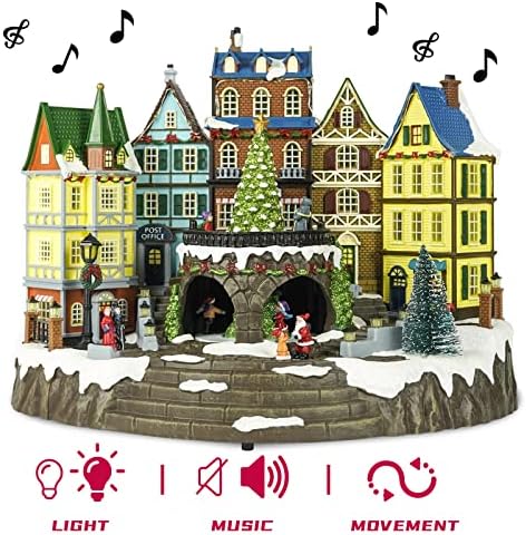 Christmas Village House, 12.4" H Large Size, Colourful LED Lights with Christmas Music, Rotating Christmas Trees and Roller Skaters, Christmas Decoration for Home (Yellow)