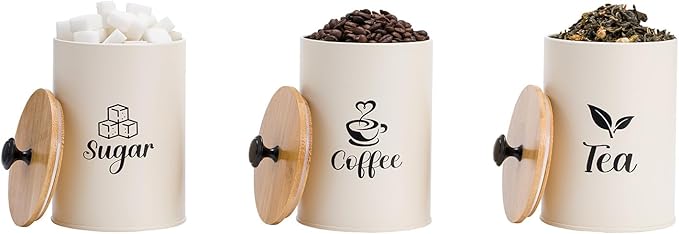 3 Pack Kitchen Canisters with Bamboo Lids, Metal Canister Set for the Kitchen Counter, Airtight Coffee Container Tea Organizer & Sugar Canister, Rustic Kitchen Decor Containers-Beige
