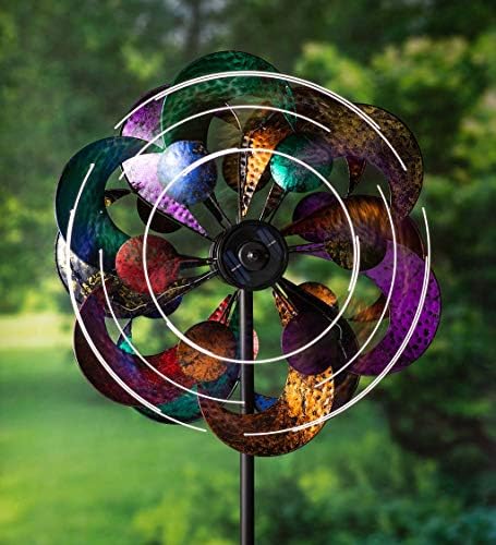 Plow & Hearth Solar Gala Wind Spinner - Enchanting 7ft Multicolor 4-Blade Wind Art | 24"x20.75"x84" | Integrated Solar Panels | LED Lights | Mesmerizing Garden Display