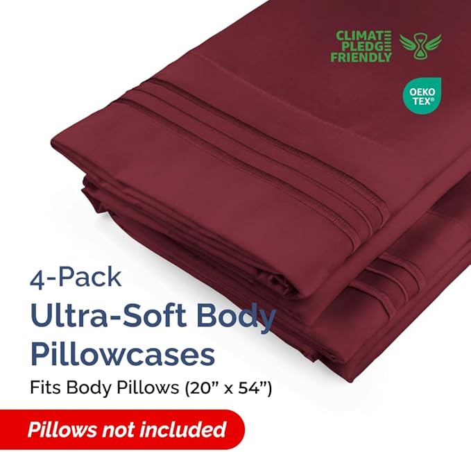 Body Pillowcases Set of 4-20x54 Long Body Pillow Case - Soft Body Pillow Cover for Sleeping & Side Sleepers - Comfy, Breathable & Fade Free - Machine Washable with Envelope Enclosure - (Burgundy)