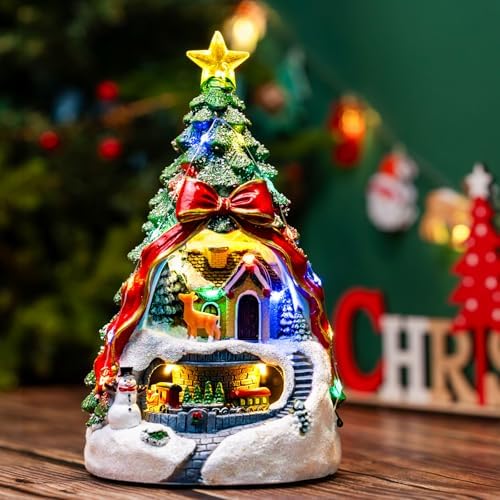 ZQQLITE Animated Collection Figurines Musical Christmas Tree Spinning Train Deer Snowman with Rotating Train, Lighted Christmas Collection Figurines for Home Tabletop Decorations Ornaments Gifts