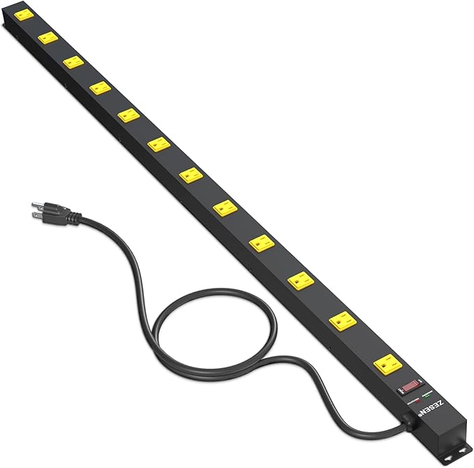 ZESEN 12 Outlet Long Power Strip with 6FT Power Cord, Industrial Heavy Duty for Work Bench Shop Garage, 2100 Joules Surge Protector, Wide Spaced Outlet Power Bar, ETL Certified, Black