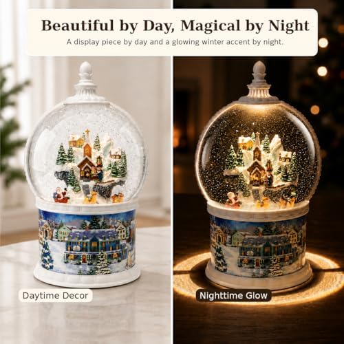 10.24" Large Christmas Snow Globe Lantern, Lighted Musical Winter Village with Swirling Glitter, Rotating Santa & Reindeer, USB/Battery Powered, 6H Timer, Christmas Tabletop Decor