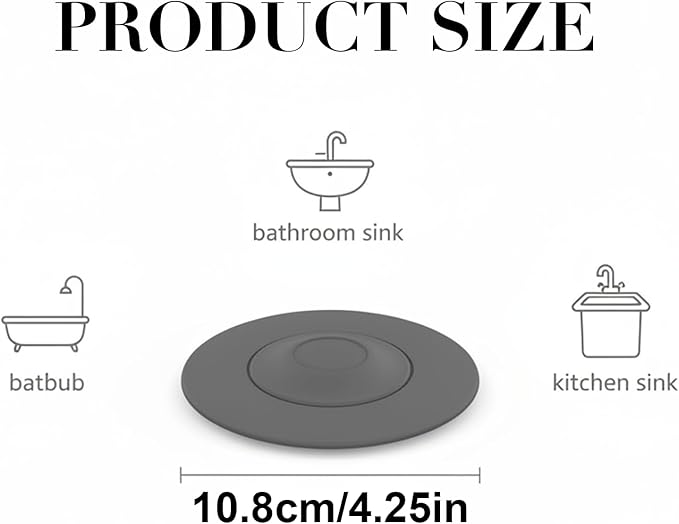 2 Pack 4.2-Inches Silicone Bathtub Drain Stopper Plug, Universal Sink Stopper, Anti-Odor Sink Plug, Floor Drain Cover, Bath Tub Plug, Rubber Drain Stopper for Kitchen, Bathroom, Laundry (Gray)