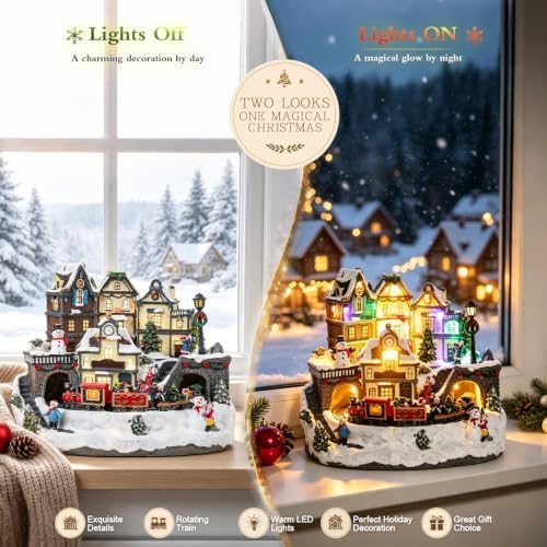MUMTOP Christmas Houses, Light Up Christmas Village with Train and Music