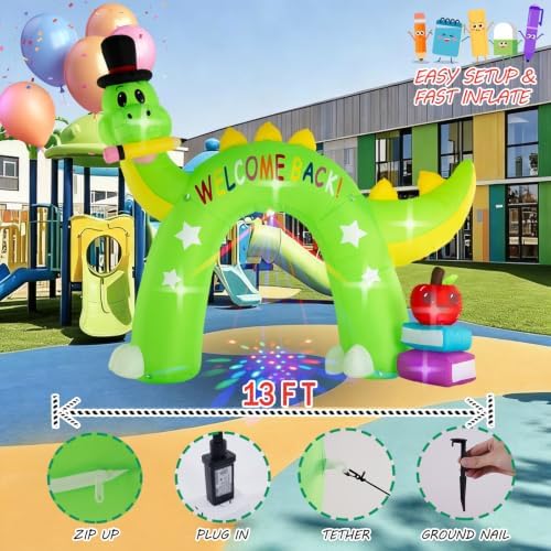 13FT Back to School Inflatable Arch Outdoor Decoration with Color Rotating Lights, Waterproof Blow Up Dinosaur Yard Lawn Patio First Day of School Party Decorations for Kindergarten Elementary School