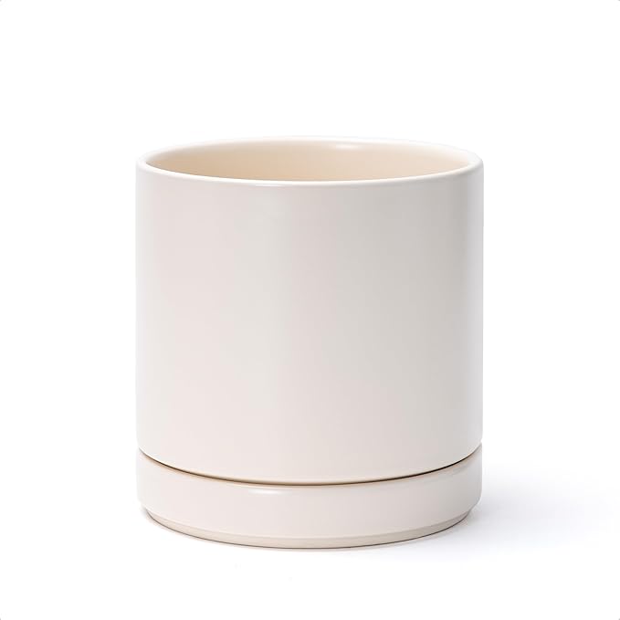 D'vine Dev 6.5 Inch Ceramic Planter Pot, Oatmeal, 94-O-C-8 | Modern Cylinder Design, Drainage Hole & Saucer Included, Stable Structure, Elegant Home Accent