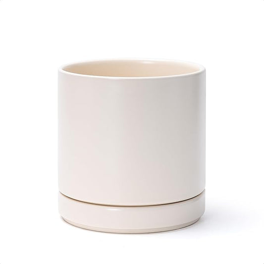D'vine Dev 6.5 Inch Ceramic Planter Pot, Oatmeal, 94-O-C-8 | Modern Cylinder Design, Drainage Hole & Saucer Included, Stable Structure, Elegant Home Accent