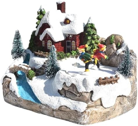 Gcroet Christmas Village Houses LED Lights Sweet Music Christmas Houses with Rotate Skiing Kids Battery Operated & Rechargeable for Kids Adults, 6.3x4.1x5.5 inch