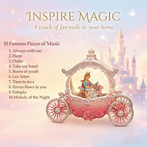 Christmas Pink Carriage Snow Globe with Music and Pricess - Girl with a Crown Scene Water Lantern with Glitter Snow and LED Light - Battery Or USB Cable Powered Operated (Pink Princess)