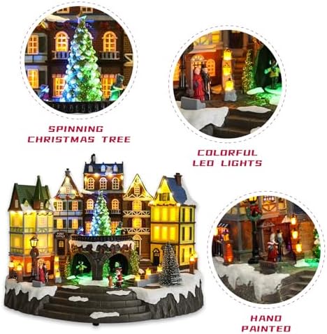Christmas Village House, Large Christmas House Decoration Ornaments, Led Lights with Christmas Music, Rotating Christmas Trees, Roller Skaters, for Home Decor, Gift