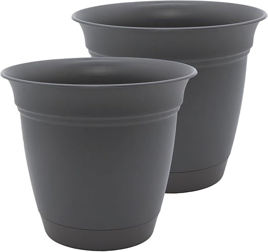 The HC Companies 12 Inch Eclipse Round Planter Pots with Drainage Holes & Attached Saucer, Lightweight UV-Resistant Plastic Indoor & Outdoor Planters, 2-Pack Flower Pots, Garden Home Decor, Warm Gray
