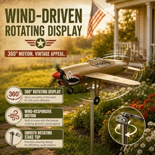 Metal Airplane Wind Spinner for Yard, 3D Shark-Mouth Plane Garden Stake Decor, 360° Rotating Outdoor Lawn Ornament for Patio Flower Bed, 1 Pack(Red)