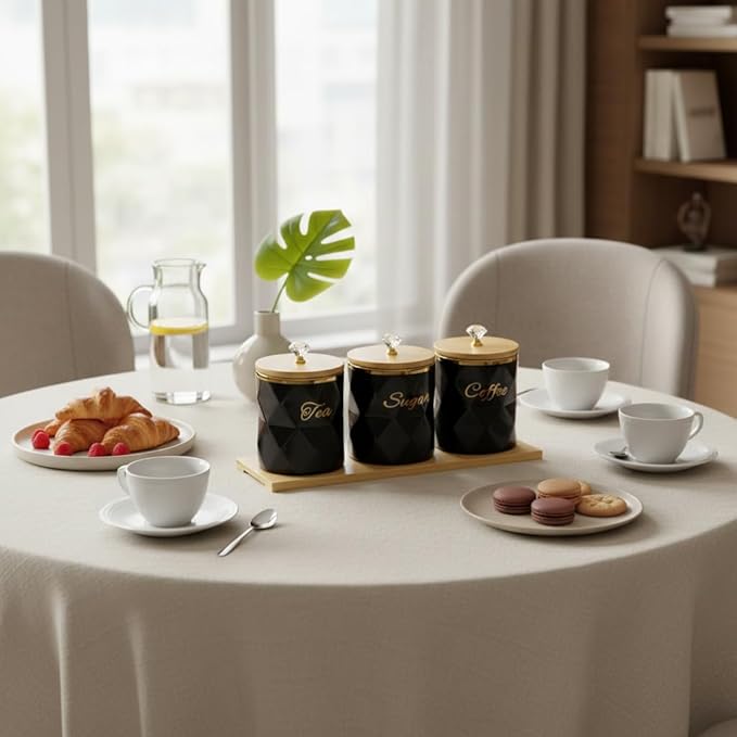 Black Ceramic Storage Canister for Coffee Sugar Tea Containers Set of 3, Coffee Sugar Tea Canisters Set with Bamboo Lids and Tray, Airtight Food Storage Jars for Kitchen Pantry