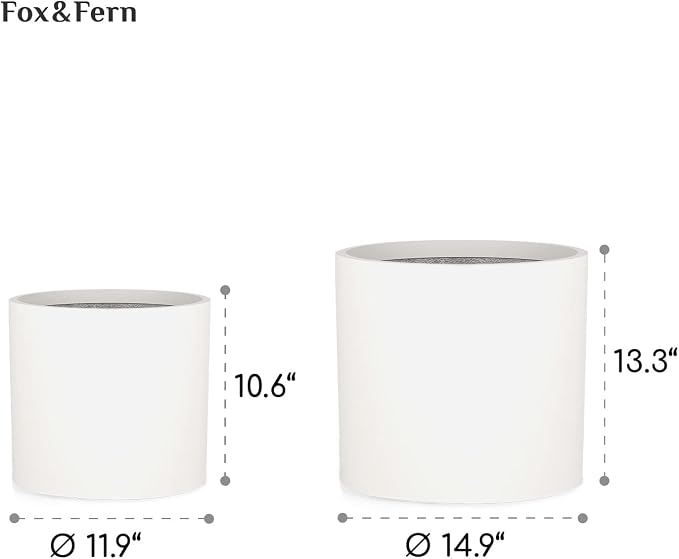 Fox & Fern Large Indoor Planter, Modern Large Plant Pot for Indoor or Outdoor, UV and Frost Resistant - Set of 2: 12 and 14.6 Inch, White Flower Pot with Drainage Plug, Lightweight