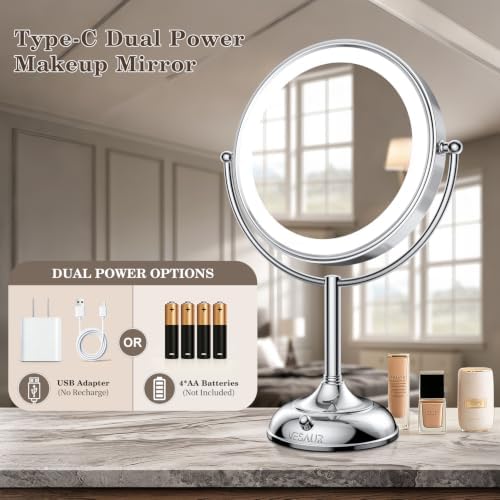VESAUR 11.8" Extra Large 17" Tall Lighted Makeup Mirror, 1X/5X/10X 3-Sided Magnifying Mirror with 96 LEDs, 3 Color Dimmable Lights, 360° Swivel Dual Power Vanity Mirror, Silver Nickel Luxury Gift Box