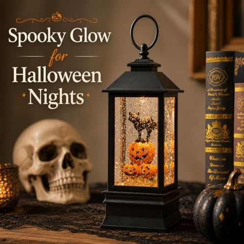 10'' Halloween Snow Globe Lantern Lighted Musical Water Lantern Spooky Pumpkin and Witch' s Black Cat Combo with Swirling Glitter, Battery Operated or USB Powered
