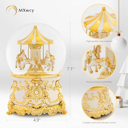 Carousel Music Box Gold & Ivory Christmas Snow Globes, 7.1" Glass Rotate Carousel Snow Globe for Kids & Adults, Classic Wind up Musical Snow Globe Birthday Gifts, Carousel Horse Home Decor