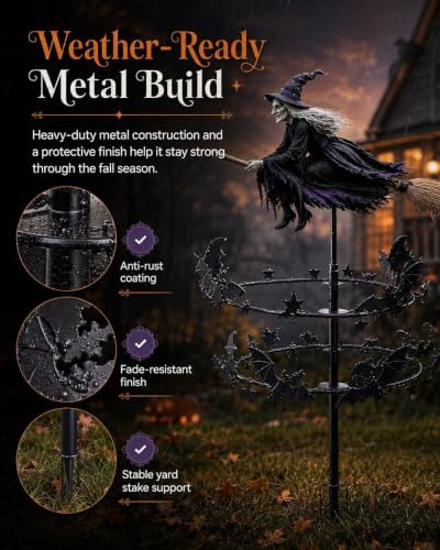 The Enchanted Witch Garden Wind Spinner, Halloween Outdoor Metal Yard Stake with Flying Witch and Bat Rings, Kinetic Yard Decor for Lawn, Patio, Front Porch and Seasonal Garden Display
