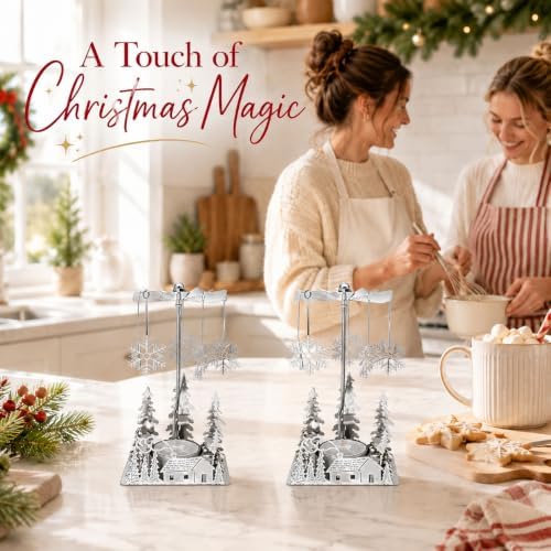 Winter Cabin Holiday Silver Candle Spinners Set of 2 – Silver Plated Laser Cut Christmas Cabin Scene Tea Light Candle Holders with Snowflake Charms – 5" Holiday Tabletop Décor