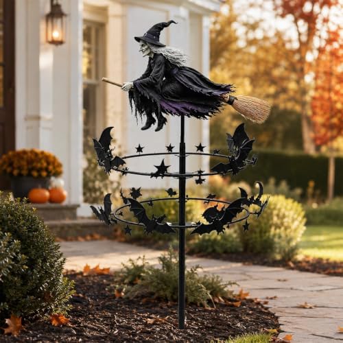 The Enchanted Witch Garden Wind Spinner, Halloween Outdoor Metal Yard Stake with Flying Witch and Bat Rings, Kinetic Yard Decor for Lawn, Patio, Front Porch and Seasonal Garden Display