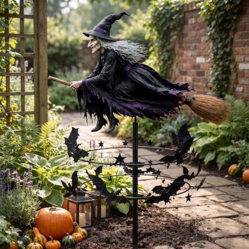 Enchanted Witch Garden Wind Spinner, Outdoor Metal Halloween Garden Art Yard Stake Windmill Style, Halloween Witch Yard Decorations, Ground Stake Included Outdoor Lawn Decor