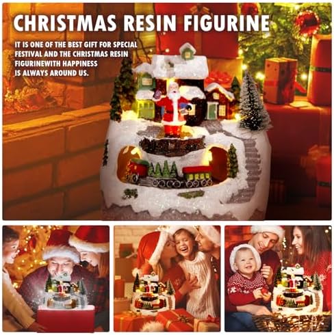 Christmas Decorations Village House Resin Collectible Building Figurines Revolving Train Musical Snow Globe 8 Music for Vintage Christmas Decor (Santa)