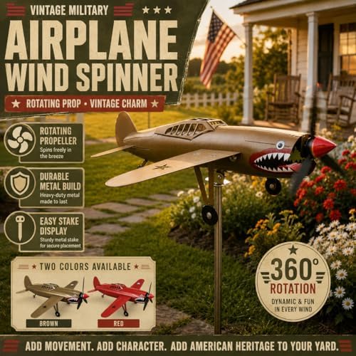 Metal Airplane Wind Spinner for Yard, 3D Shark-Mouth Plane Garden Stake Decor, 360° Rotating Outdoor Lawn Ornament for Patio Flower Bed, 1 Pack(Red)