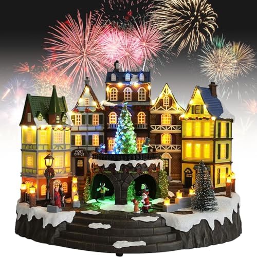 Christmas Village House, Christmas Town Village Sets, Colourful LED Lights with Christmas Music, Rotating Christmas Trees, for Holiday Displays, Indoor Decoration, Thoughtful