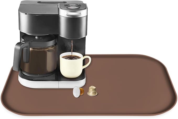 TOHONFOO Silicone Coffee Maker Mat with Lip, 24'' x 16'' Heavy Duty Coffee Maker Mat for Countertops, Coffee Tray Fit Under Coffee Machine Appliance Automatic Machines Espresso Accessory, Brown