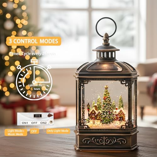Christmas Village Snow Globe Lantern Musical Lighted Village House Water Lantern in Swirling Glitter, Christmas Home Decoration and Gift, Battery Operated or USB Powered