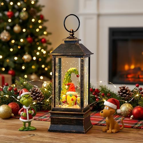 10'' Christmas Gnomes Snow Globe Lantern Lighted Whimsical Christmas Tree & Scandinavian Santa Elf Musical Water Lantern Swirling Glittering Home Decoration and Gift, Battery Operated or USB Powered
