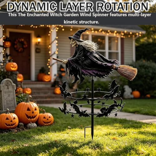 2pcs The Enchanted Witch Garden Wind Spinner, Flying Witch & Bat Design