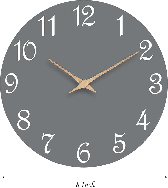 Mosewa Wall Clock Gray Battery Operated Silent Non Ticking Simple Modern Wood Clock Decorative for Bedroom Living Room Home (8.2 Inch)