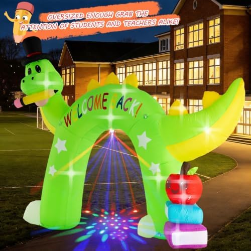 13FT Back to School Inflatable Arch Outdoor Decoration with Color Rotating Lights, Waterproof Blow Up Dinosaur Yard Lawn Patio First Day of School Party Decorations for Kindergarten Elementary School