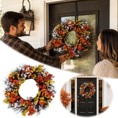 Rotating Naturals Seasonal Floral Ring for Home Entryways and Celebrations in Elegant Style (Orange, 40cm)
