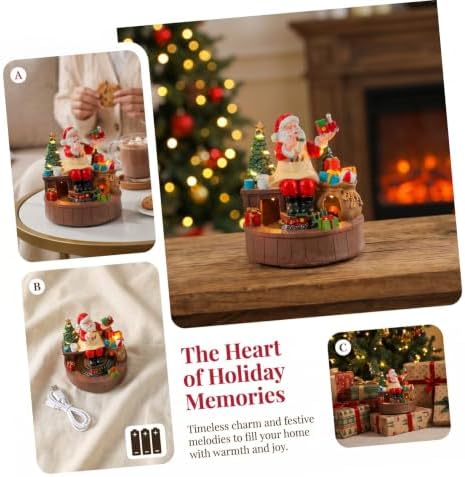 Rotating Santa Workshop Music Box Resin Santa Claus Figurine with Animated Train, Battery Operated, Warm LED Lights, Indoor Holiday Setting Decoration