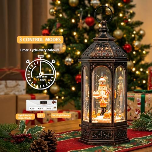 12.8'' Christmas Gingerbread Nutcracker Snow Globe Lantern, Lighted Animated Rotating Train with Musics Swirling Glitter Water Lantern Decoration for Home