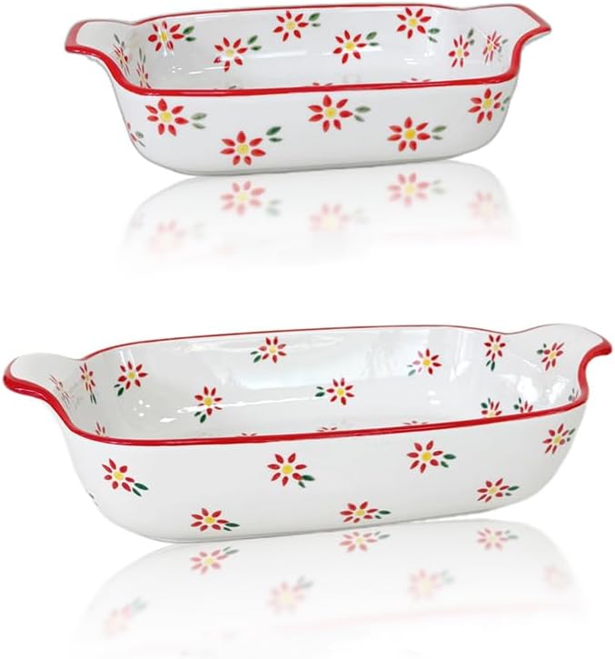 Domini Casserole Dishes for Oven, Ceramic Baking Dishes for Oven Set of 2, Lasagna Pan Deep, Fresh Spring Summer Floral Ceramic Baking Pan Set Square Casserole Dish Set with Handles for Baking, Pattern Flower(13.6+9inch)