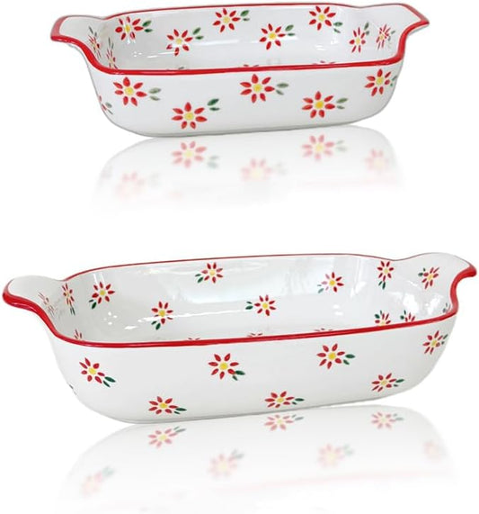 Domini Casserole Dishes for Oven, Ceramic Baking Dishes for Oven Set of 2, Lasagna Pan Deep, Fresh Spring Summer Floral Ceramic Baking Pan Set Square Casserole Dish Set with Handles for Baking, Pattern Flower(13.6+9inch)