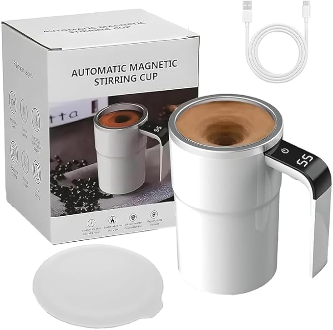 Magnetic Automatic Stirring Coffee Mug, Temperature Display Electric Self Stirring Home Office Travel Mixing Cups, Stainless Steel Automatic Stirring Mug for Coffee, Milk, Tea & Hot Chocolate (White)