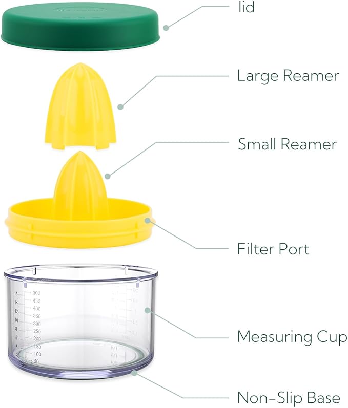 KITCHENDAO 2 in 1 Lemon Orange Citrus Juicer with lid for Sanitary Storage, Manual Hand Squeezer with Built-in 16OZ Measuring Cup, Multi-function Manual Juicer with Reamers and Non-Slip Base, BPA Free
