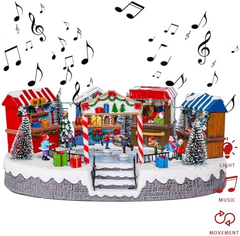 MUMTOP Christmas Village Skating Rink with Moving Skaters, Light Up Animated Ice Skating and Toy Shop with Music for Indoor Holiday Xmas Tabletop Decor