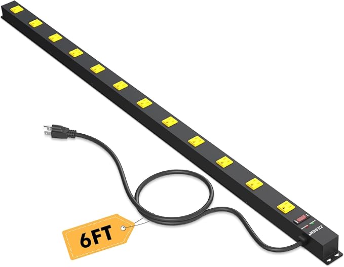 ZESEN 12 Outlet Long Power Strip with 6FT Power Cord, Industrial Heavy Duty for Work Bench Shop Garage, 2100 Joules Surge Protector, Wide Spaced Outlet Power Bar, ETL Certified, Black