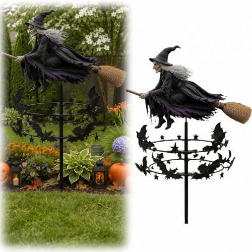 Enchanted Witch Garden Wind Spinner, Outdoor Metal Halloween Garden Art Yard Stake Windmill Style, Halloween Witch Yard Decorations, Ground Stake Included Outdoor Lawn Decor