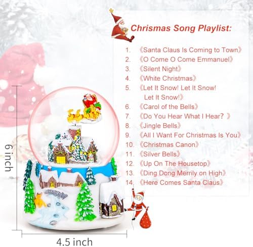 Christmas Snow Globe Music Box with Santa Flying Over Village, Lighted Musical Christmas Decoration with Snowfall Glitter Effect, 14 Christmas Melodies, Holiday Tabletop Mantel Decor